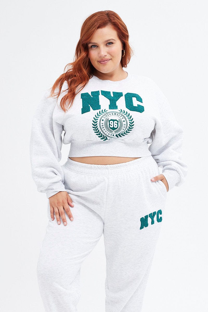 Grey Graphic Sweater Cropped NYC Fleece for YouandAll Fashion