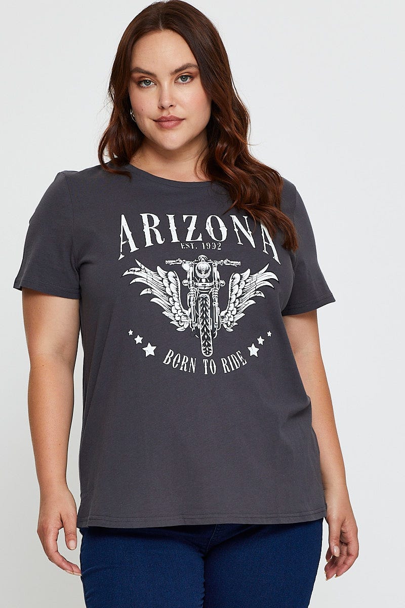 Grey Graphic T-Shirt Arizona Biker Short Sleeve Cotton For Women By You And All
