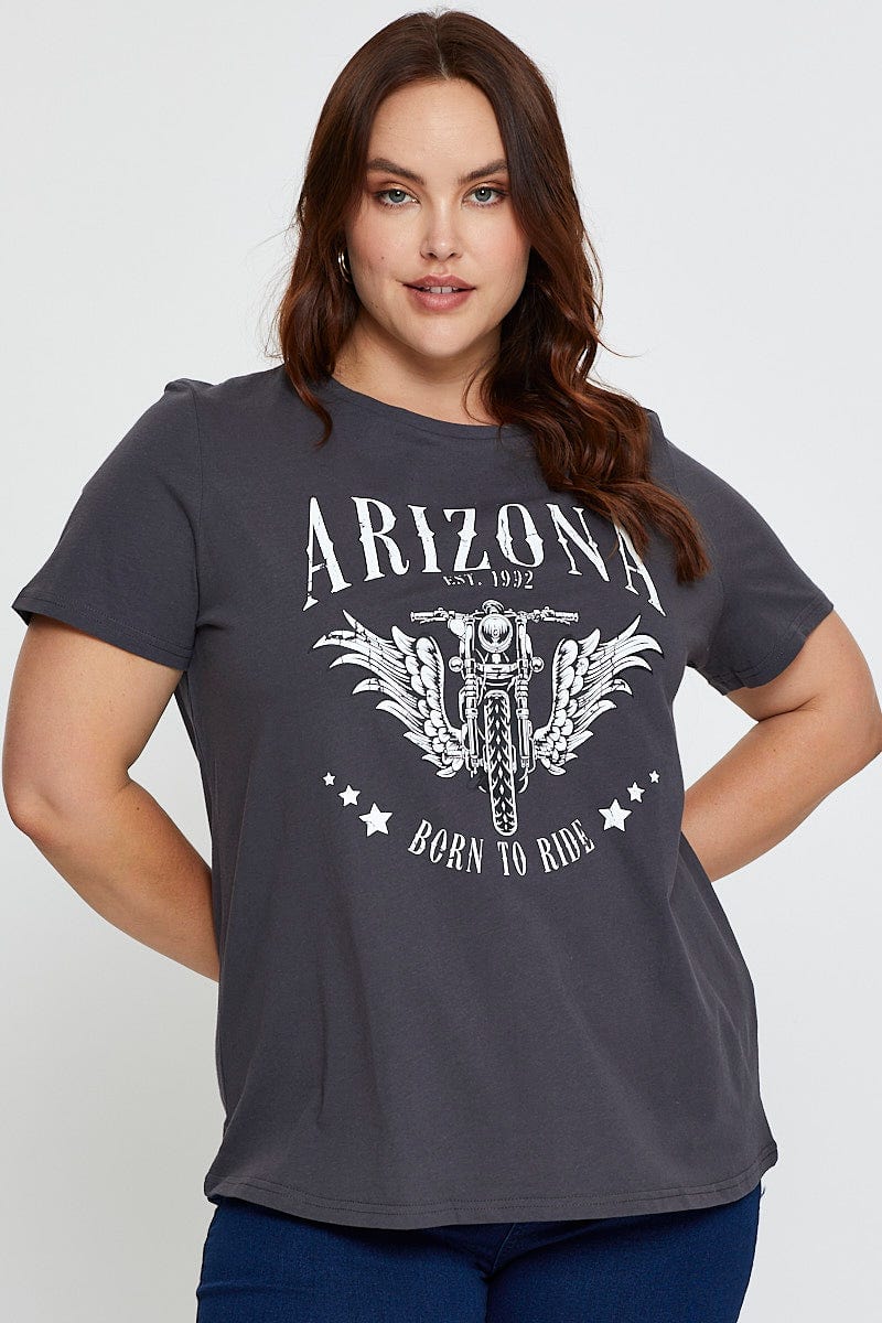 Grey Graphic T-Shirt Arizona Biker Short Sleeve Cotton For Women By You And All