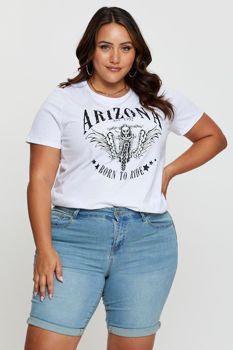 White Graphic T-Shirt Arizona Biker Short Sleeve Cotton For Women By You And All