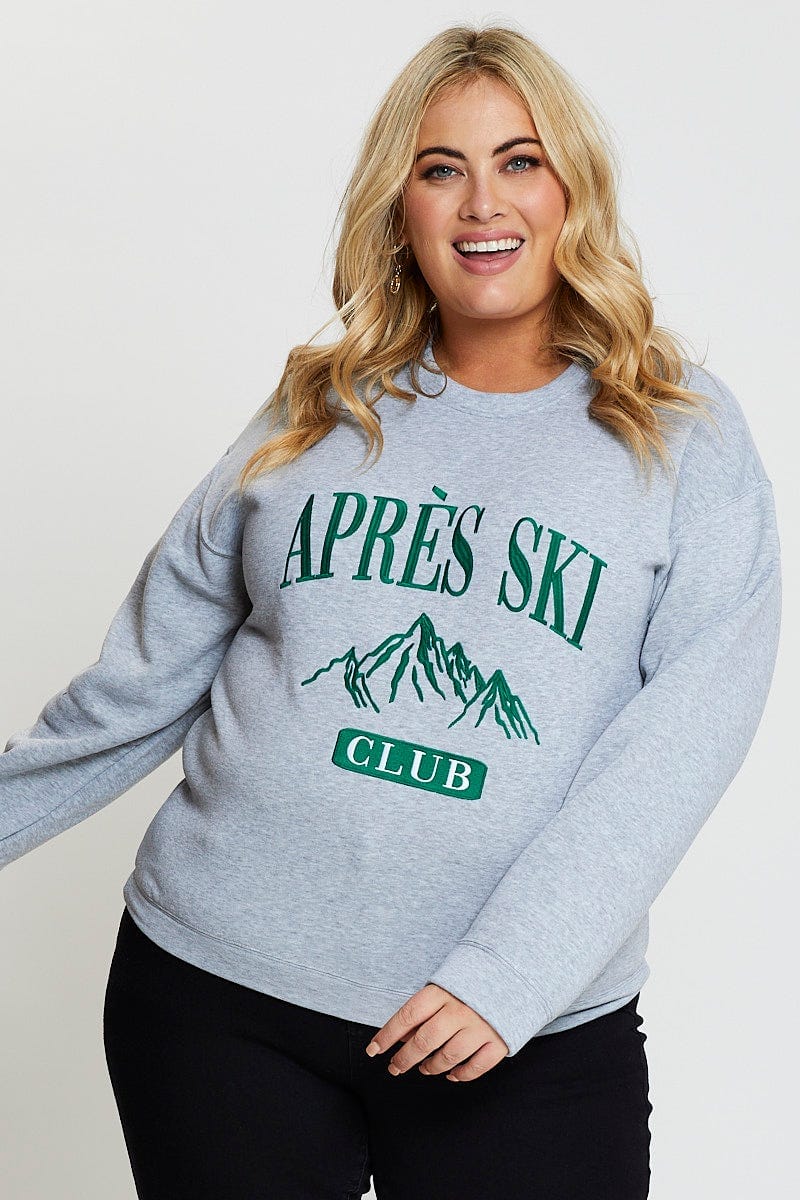 Grey Embroidered Sweatshirt Long Sleeve Apres Ski For Women By You And All