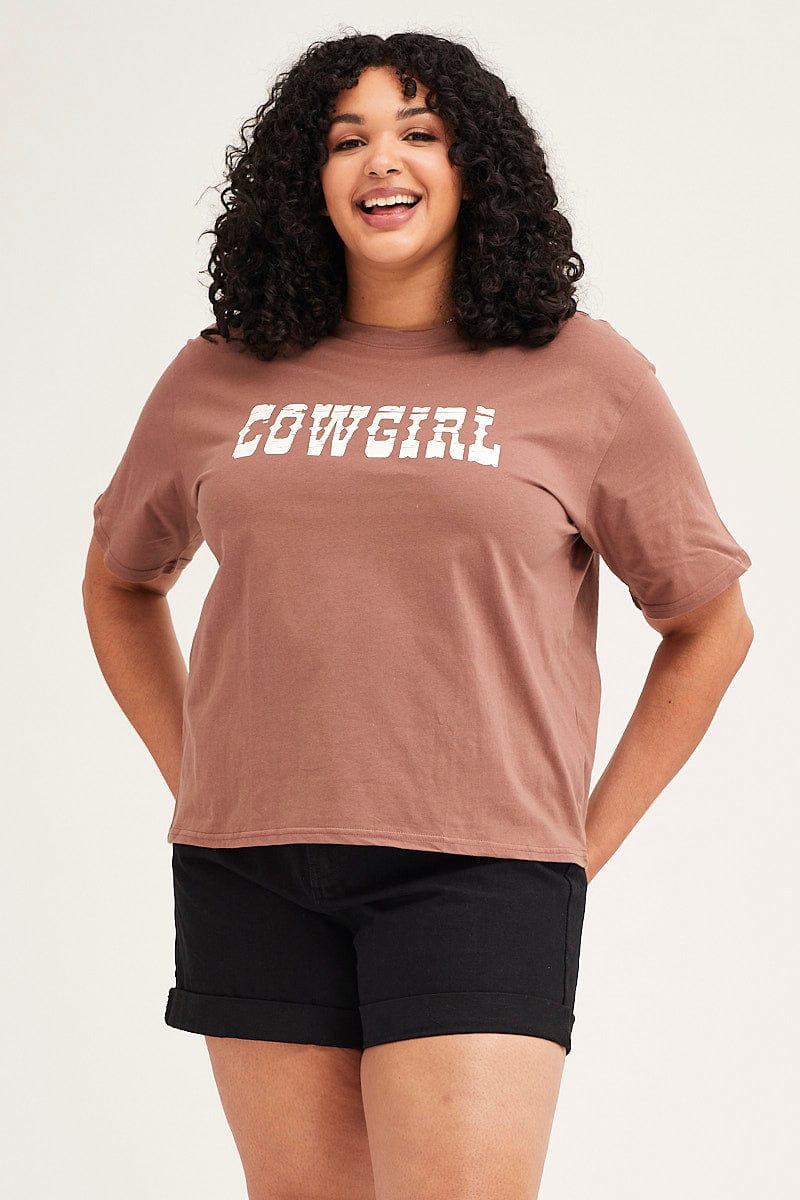 Brown Short Sleeve Crop Graphic T Shirt for Women by You + All