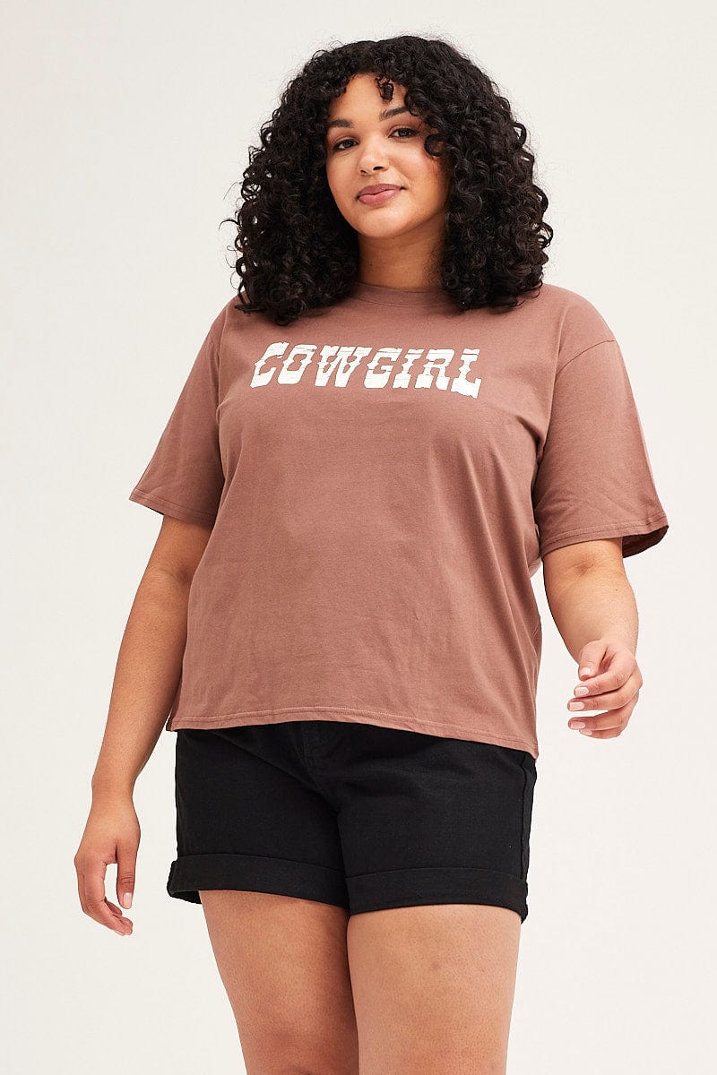 Brown Short Sleeve Crop Graphic T Shirt for Women by You + All