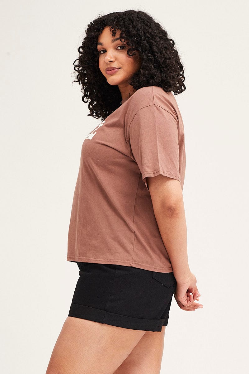 Brown Short Sleeve Crop Graphic T Shirt for Women by You + All