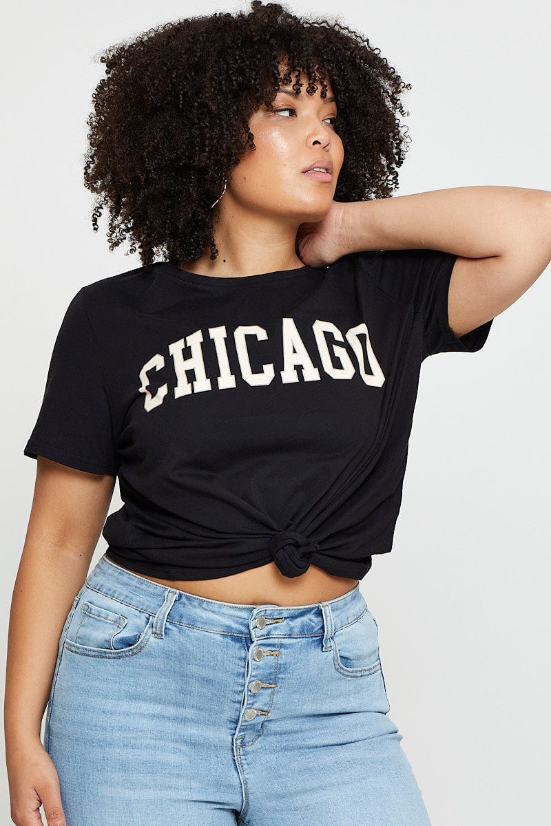 Black Graphic T-Shirt Chicago Crew Neck Short Sleeve For Women By You And All