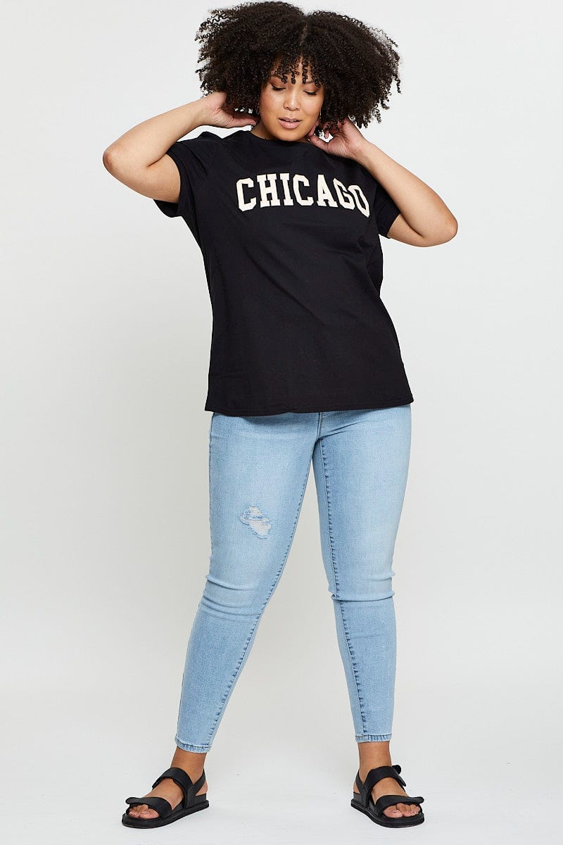 Black Graphic T-Shirt Chicago Crew Neck Short Sleeve For Women By You And All