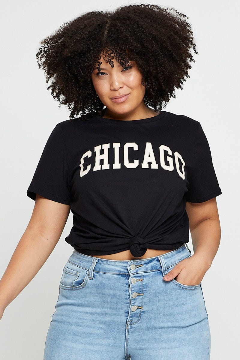 Black Graphic T-Shirt Chicago Crew Neck Short Sleeve For Women By You And All