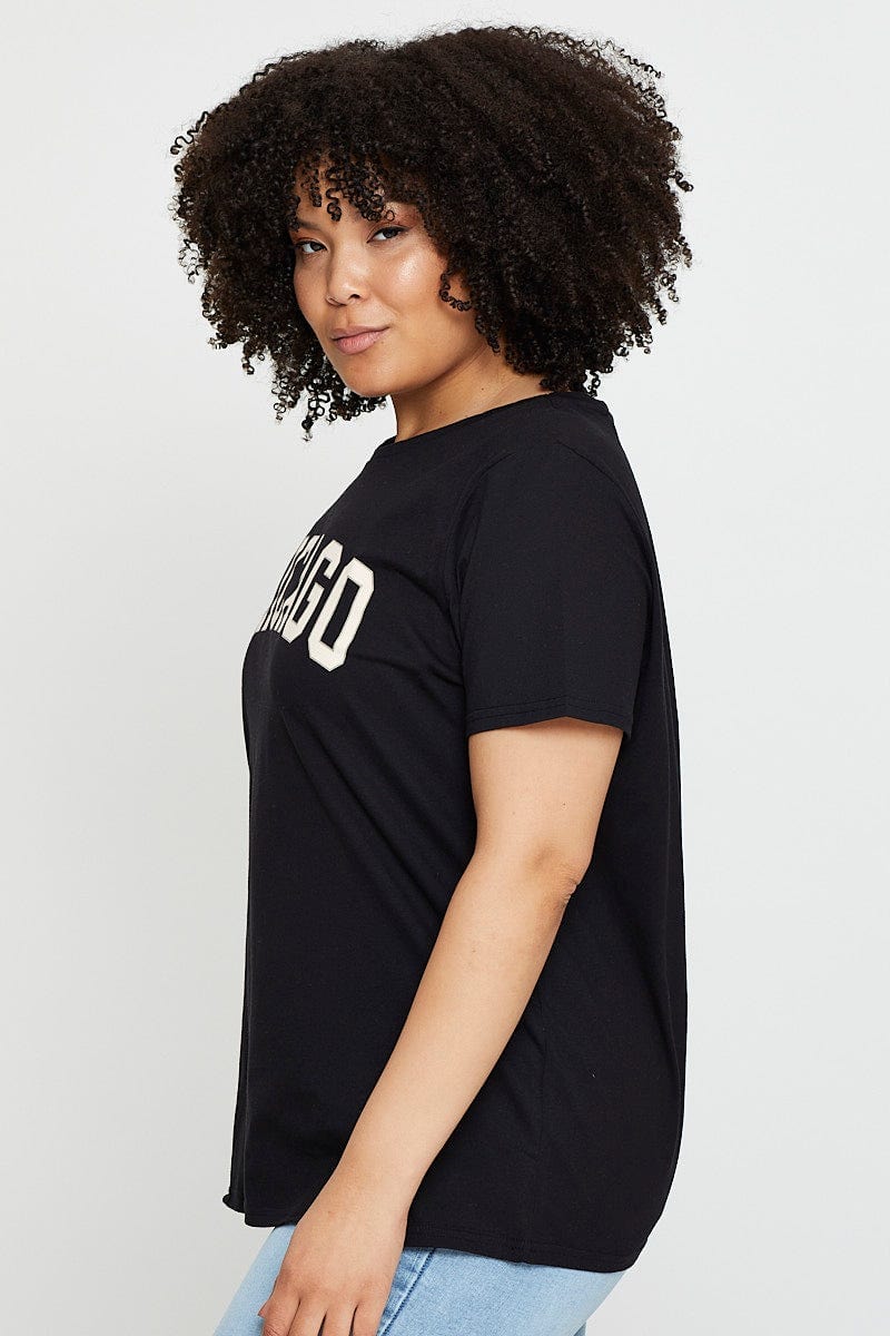 Black Graphic T-Shirt Chicago Crew Neck Short Sleeve For Women By You And All