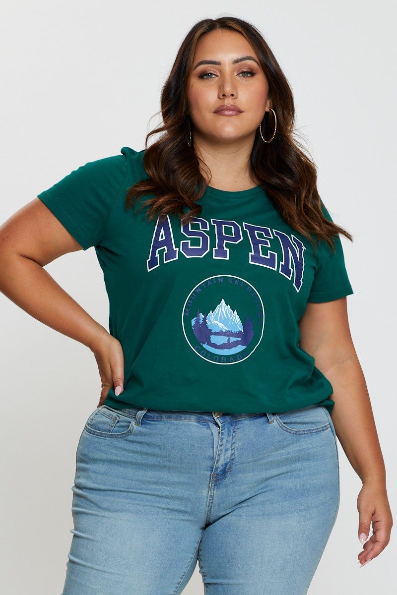 Green Graphic T-Shirt Aspen Crew Neck Short Sleeve For Women By You And All