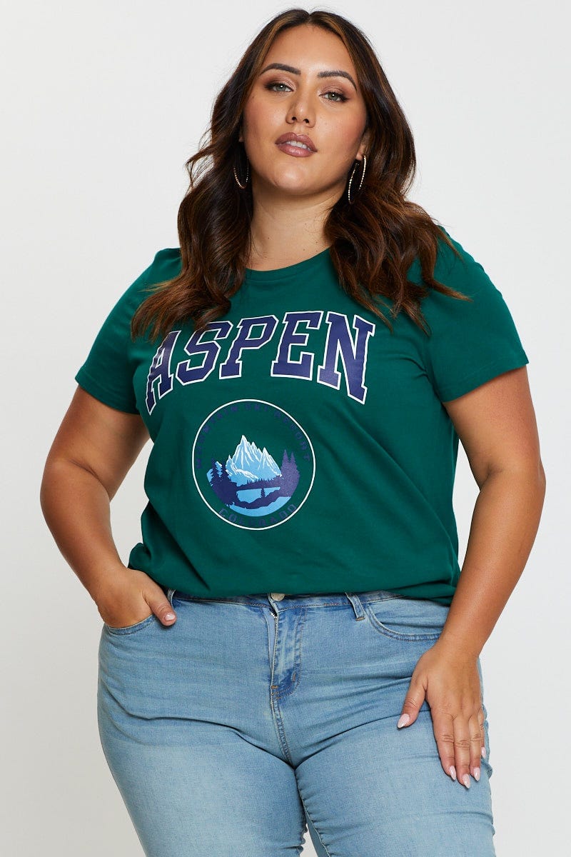 Green Graphic T-Shirt Aspen Crew Neck Short Sleeve For Women By You And All