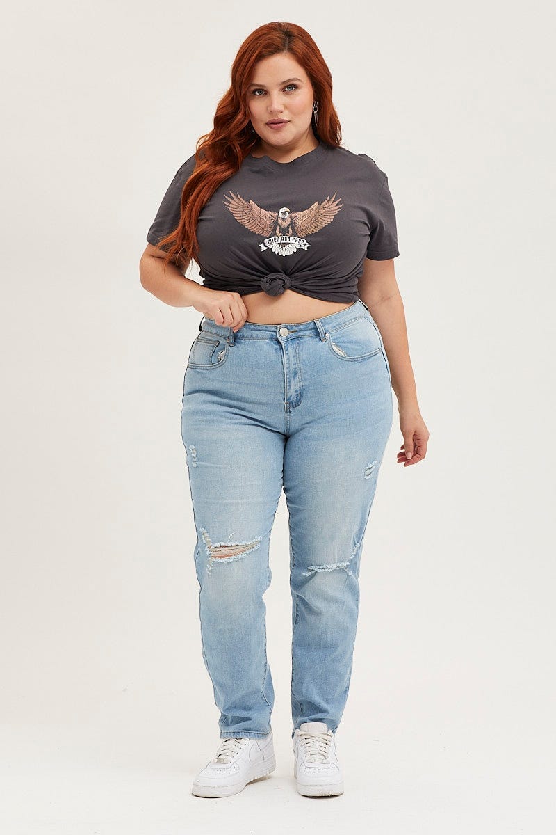Black Crop T-Shirt Eagle Crew Neck Short Sleeve Semi For Women By You And All