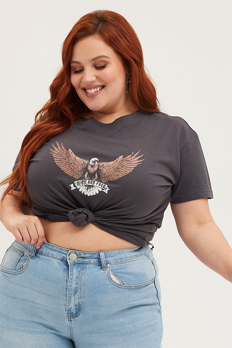 Black Crop T-Shirt Eagle Crew Neck Short Sleeve Semi For Women By You And All