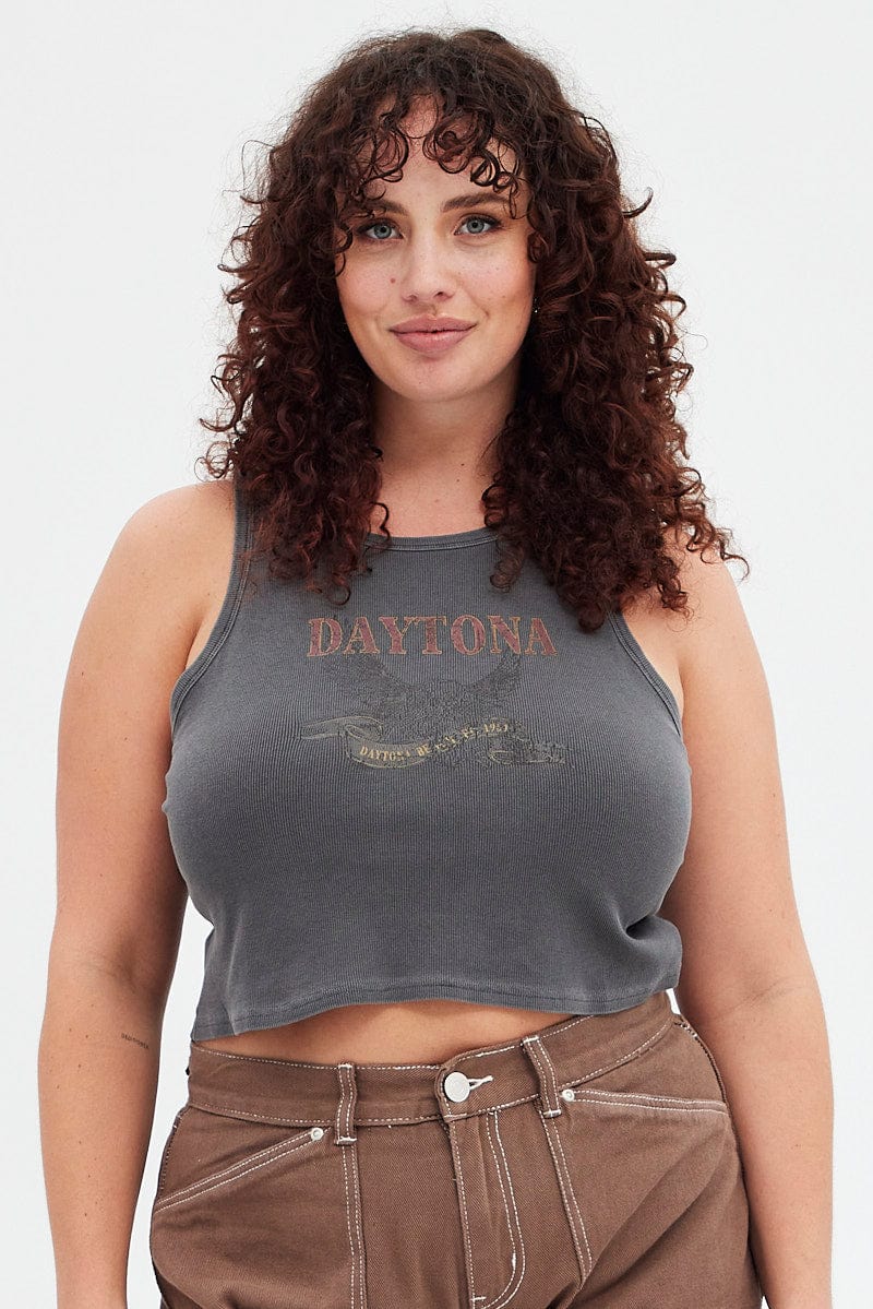 Grey Graphic Tank Daytona Crop Rib Jersey for YouandAll Fashion