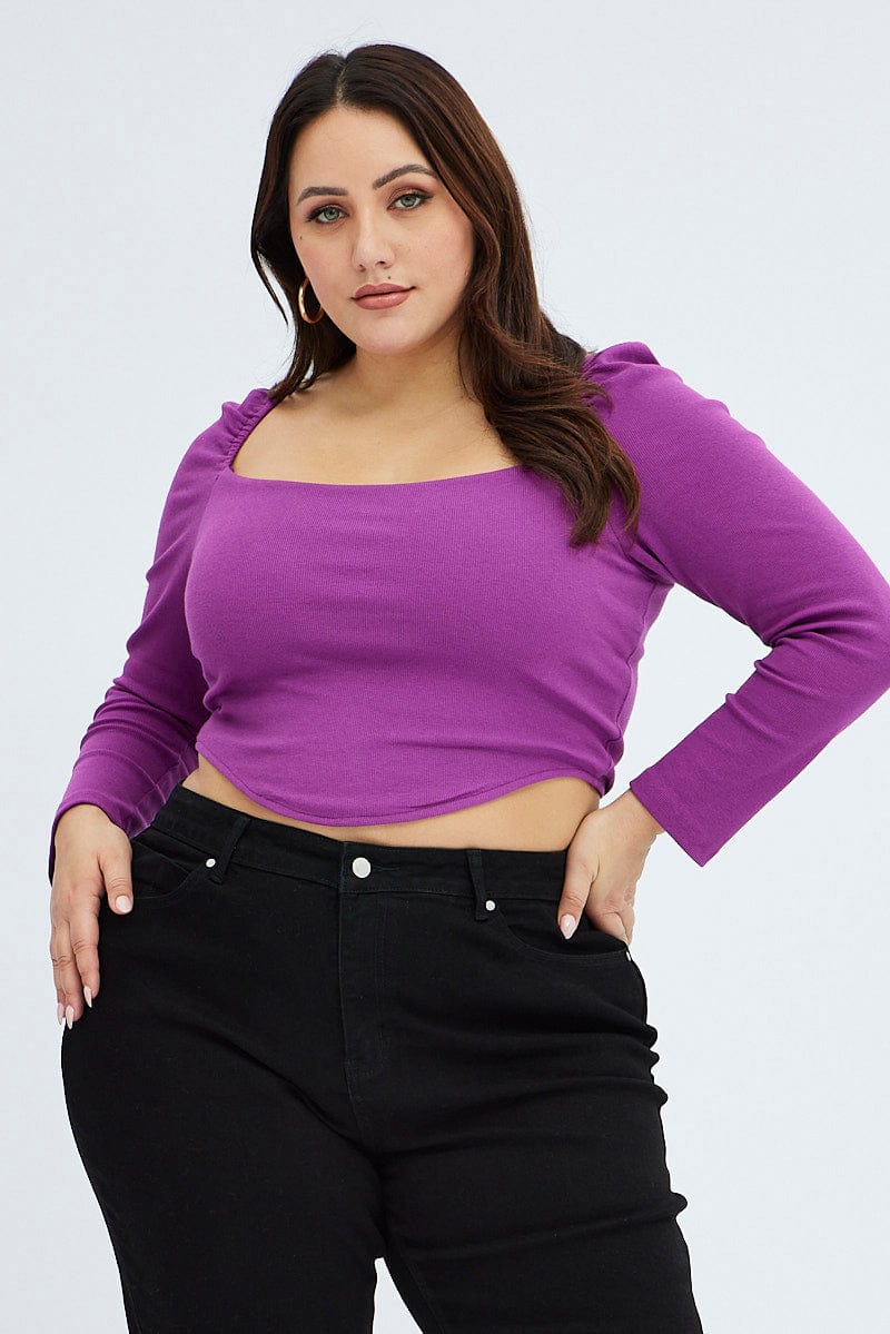 Purple Rib Top Corset Style Long Sleeve Square Neck | You & All