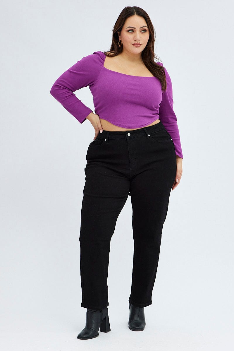 Purple Rib Top Corset Style Long Sleeve Square Neck for YouandAll Fashion