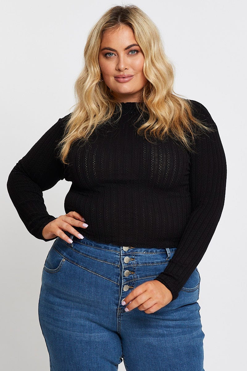 Black Textured Jersey Black Funnel Neck Top For Women By You And All