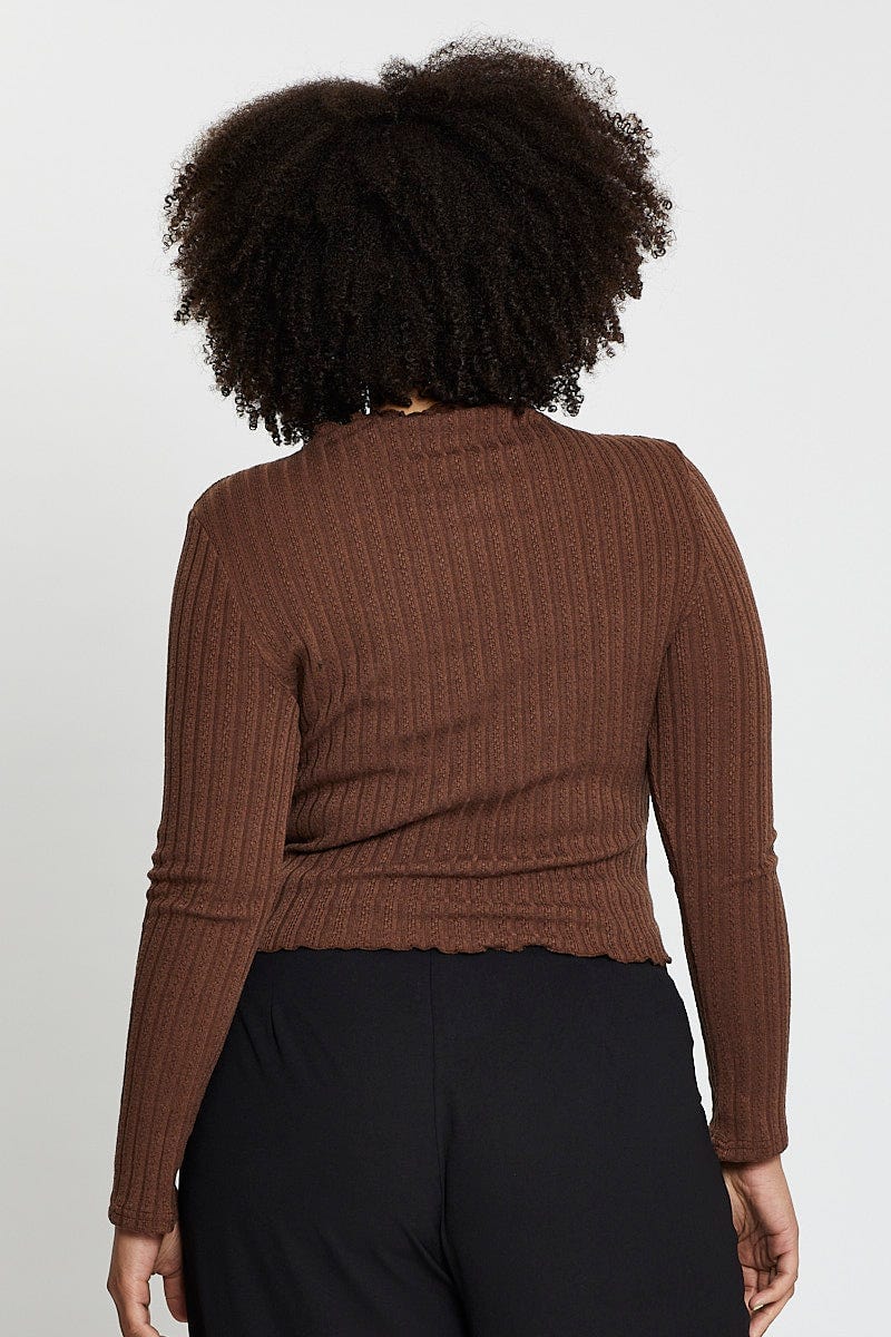 Brown Textured Jersey Black Funnel Neck Top For Women By You And All
