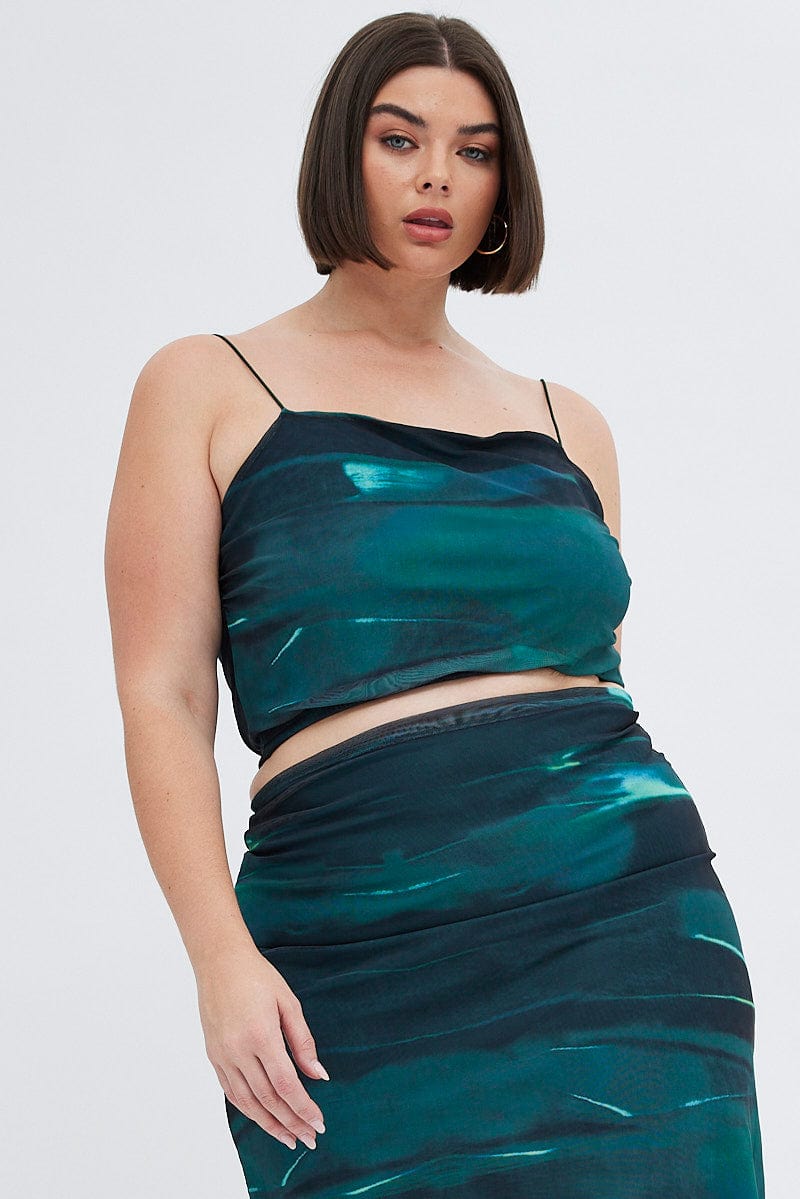 Green Abstract Crop Top Ruched Side Mesh for YouandAll Fashion