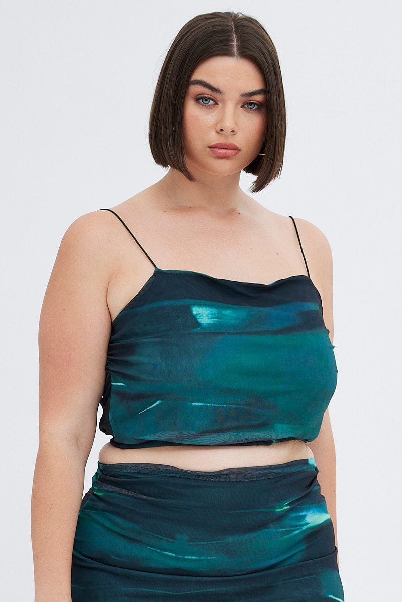 Green Abstract Crop Top Ruched Side Mesh for YouandAll Fashion