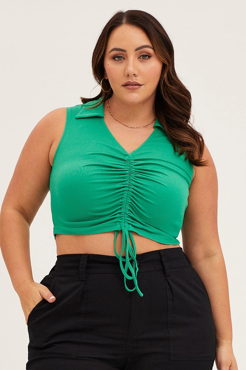 Green Rib Jersey Sleeveless Drawstring Collar Top for Women by You + All