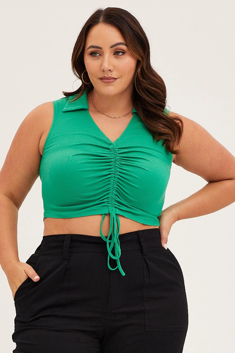 Green Rib Jersey Sleeveless Drawstring Collar Top for Women by You + All