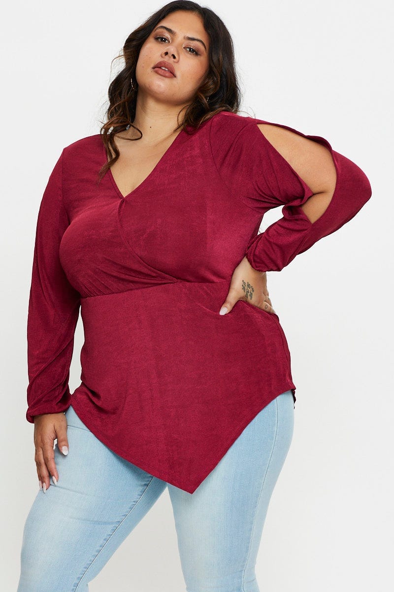 Red V-Neck Top Split Detail Asymmetric Long Sleeve for Women by You and All