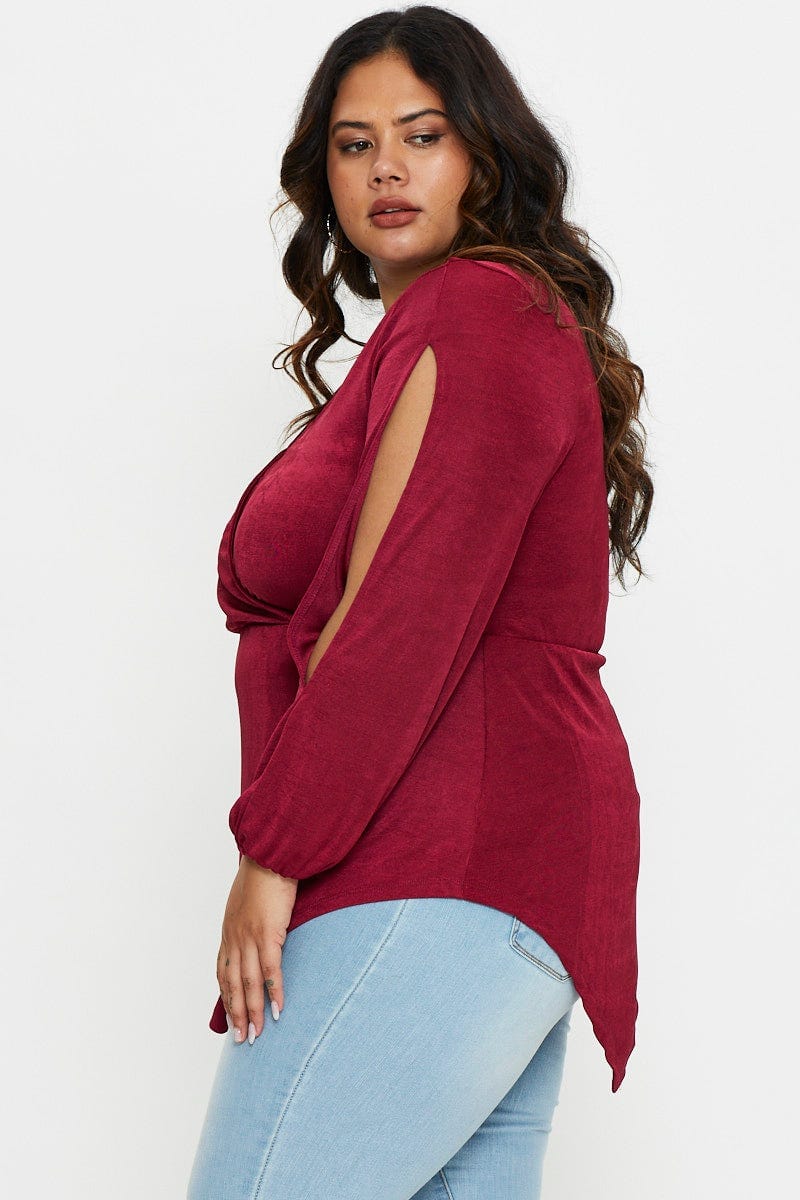 Red V-Neck Top Split Detail Asymmetric Long Sleeve for Women by You and All