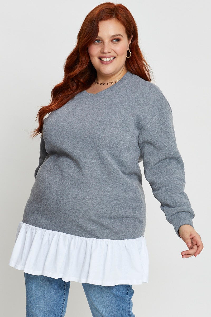 Grey Plus Woven Layered Longline Sweatshirts For Women By You And All
