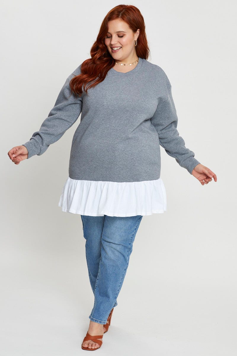 Grey Plus Woven Layered Longline Sweatshirts For Women By You And All