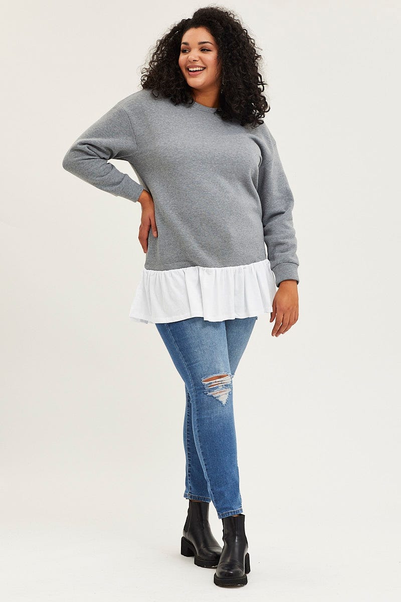 Grey Fleece Sweatshirt Woven V-Neck Long Sleeve For Women By You And All