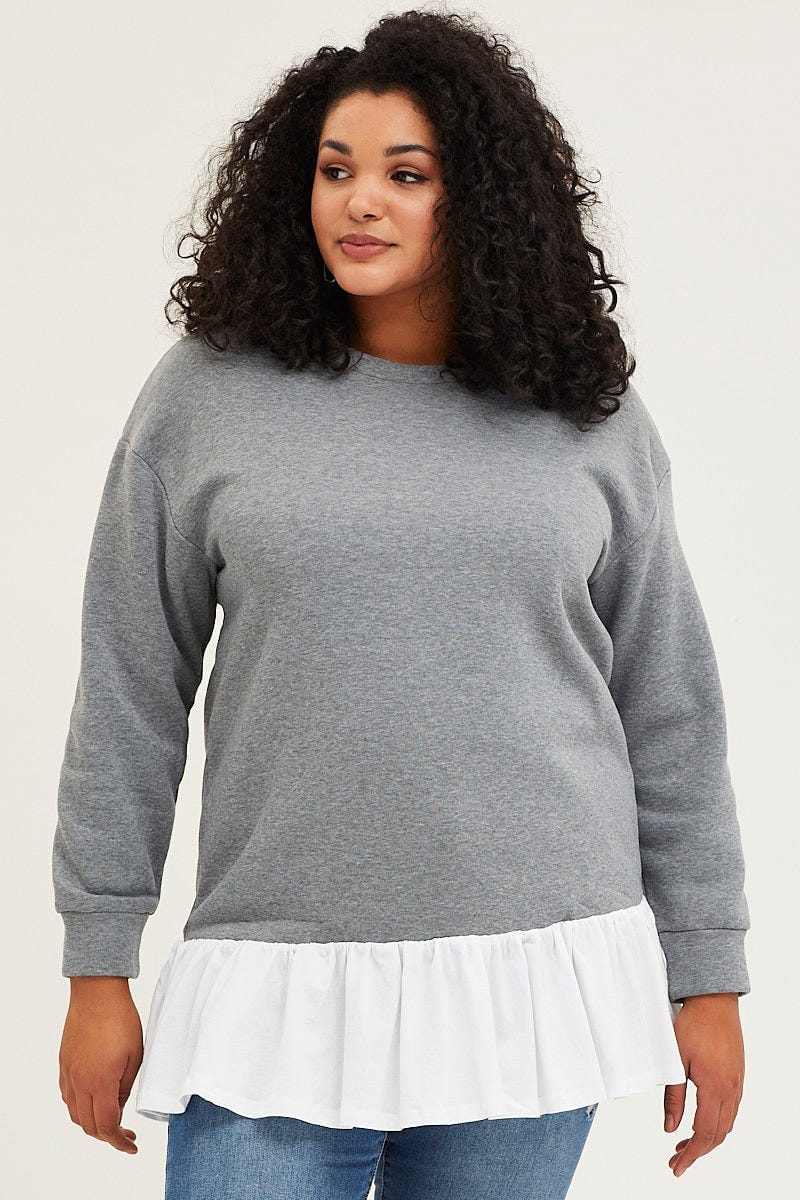 Grey Fleece Sweatshirt Woven V-Neck Long Sleeve For Women By You And All