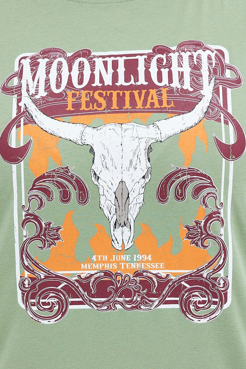 Green Graphic T-Shirt Moonlight Festival Print for YouandAll Fashion