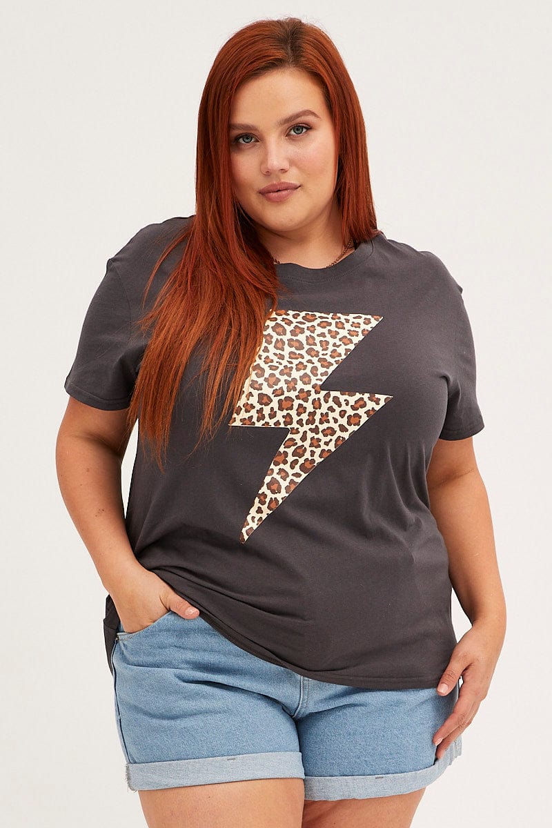 GREY Graphic T-Shirt Short Sleeve Lightning Bolt