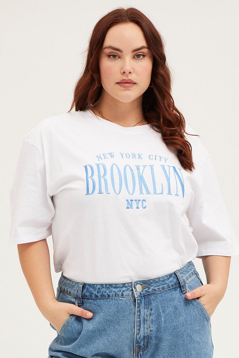 White Oversized T-Shirt Brooklyn Crew Neck Short Sleeve For Women By You And All