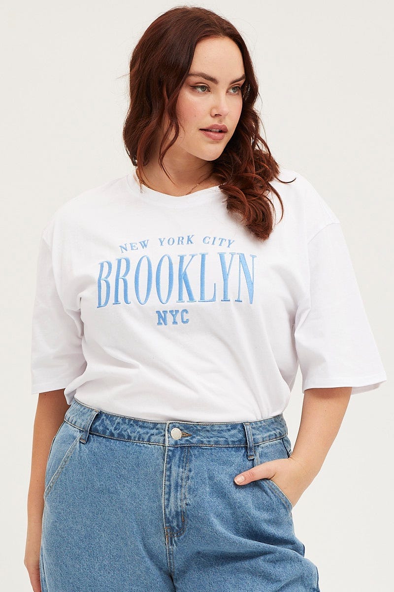 White Oversized T-Shirt Brooklyn Crew Neck Short Sleeve For Women By You And All