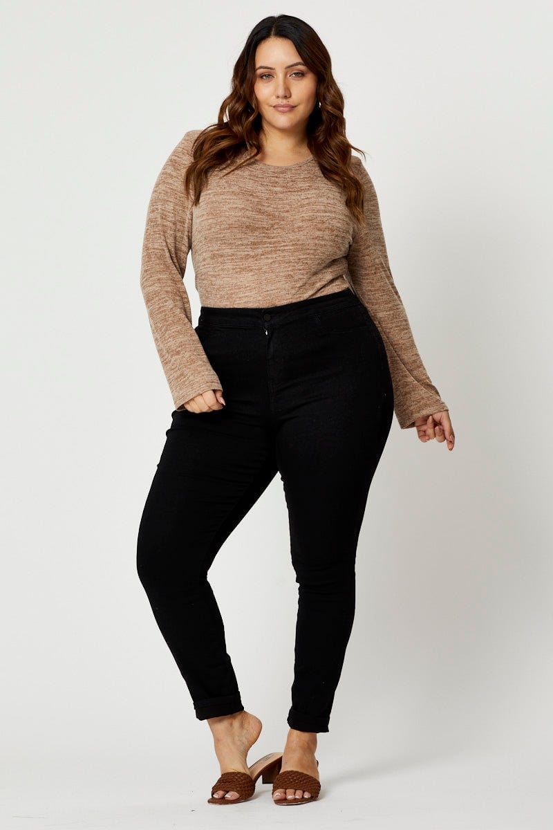 Black Jersey Top Zip Detail Long Sleeve Crew Neck For Women By You And All