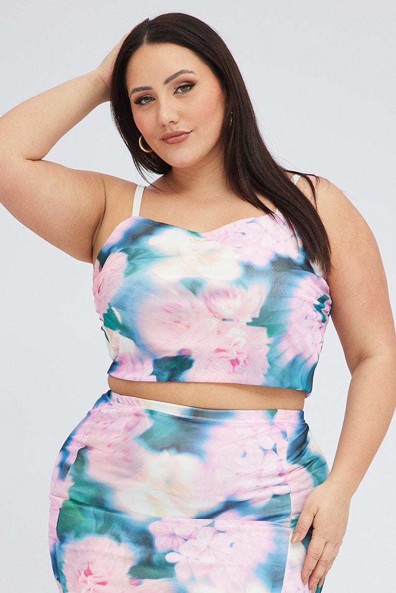 Pink Floral Cami Top Stretch Mesh for YouandAll Fashion