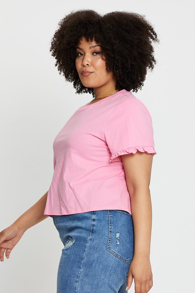 Pink Short Frill Sleeve Pink T Shirt For Women By You And All