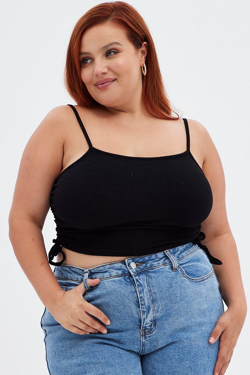 Black Crop Top Rib Jersey Drawstring Side for YouandAll Fashion