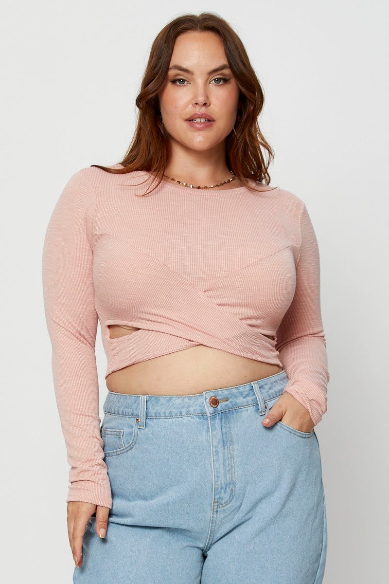 Pink Crop Top Crew Neck Long Sleeve Cross Front For Women By You And All