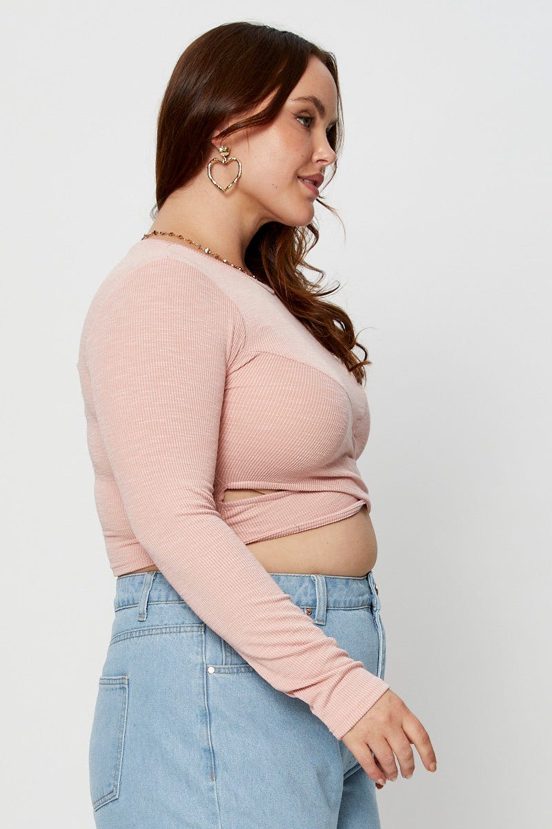 Pink Crop Top Crew Neck Long Sleeve Cross Front For Women By You And All