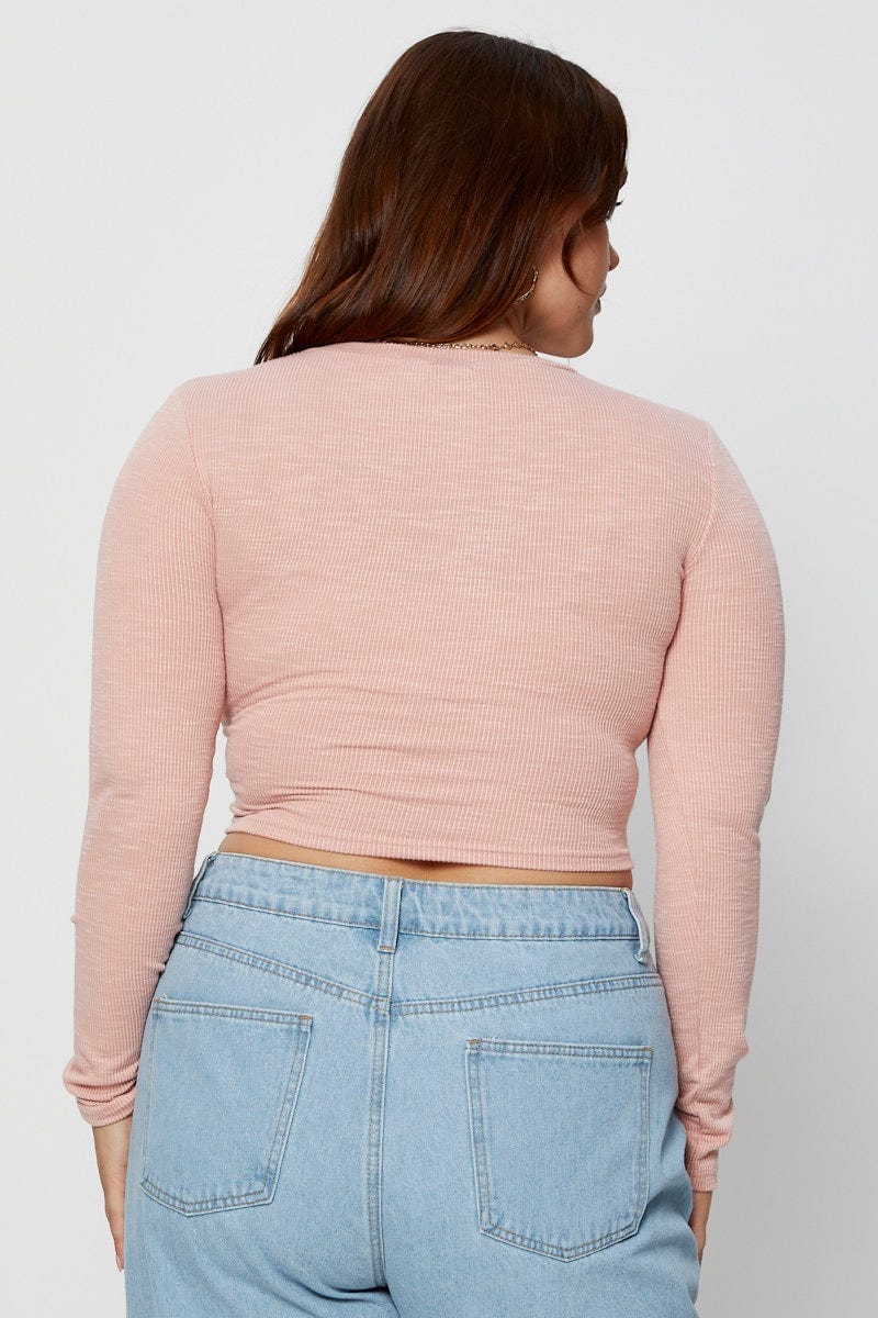 Pink Crop Top Crew Neck Long Sleeve Cross Front For Women By You And All