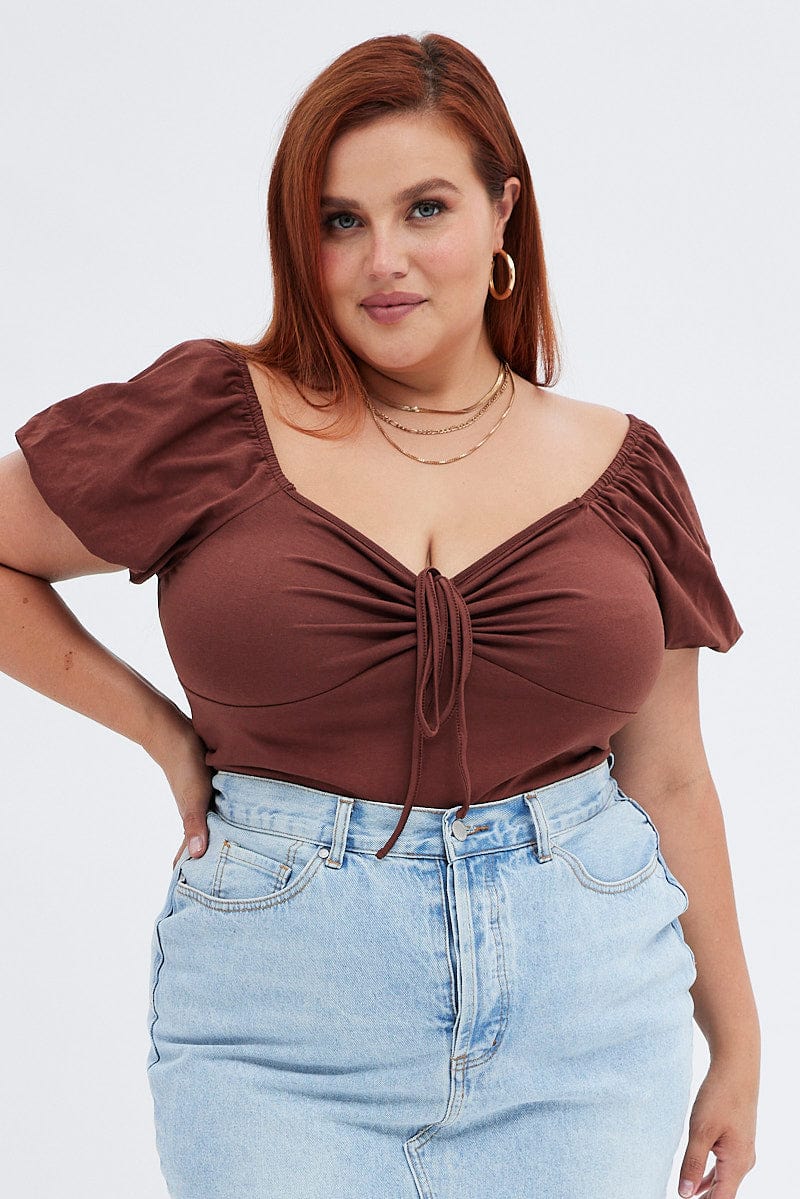 Brown Bardot Top Short Sleeve for YouandAll Fashion