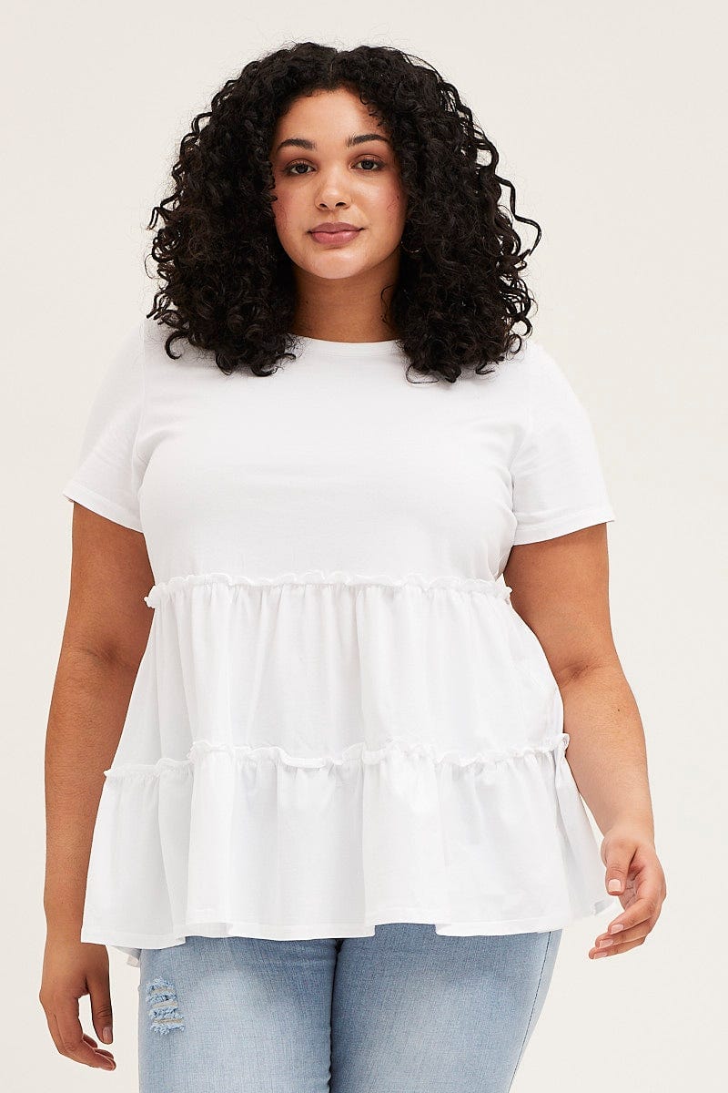 White Cotton Top Tiered Round Neck Short Sleeve For Women By You And All