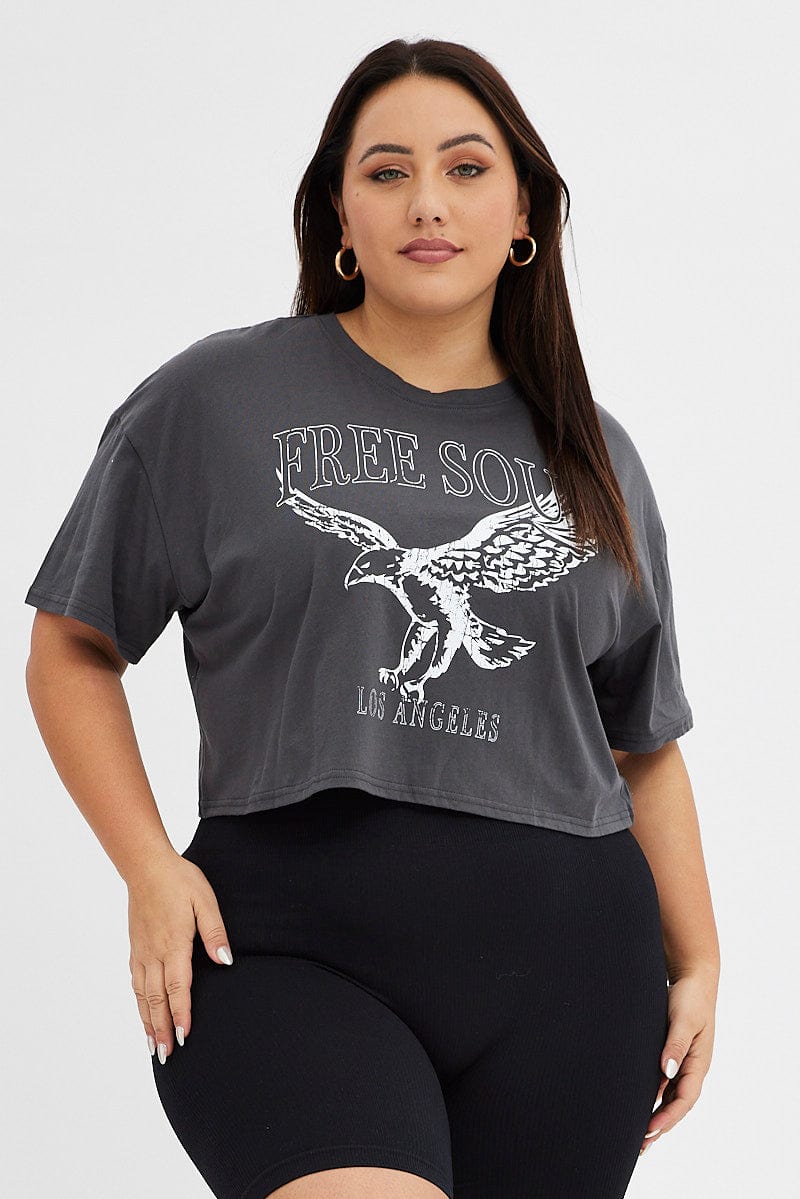 Grey Graphic T-Shirt Super Crop Free Soul Eagle for YouandAll Fashion