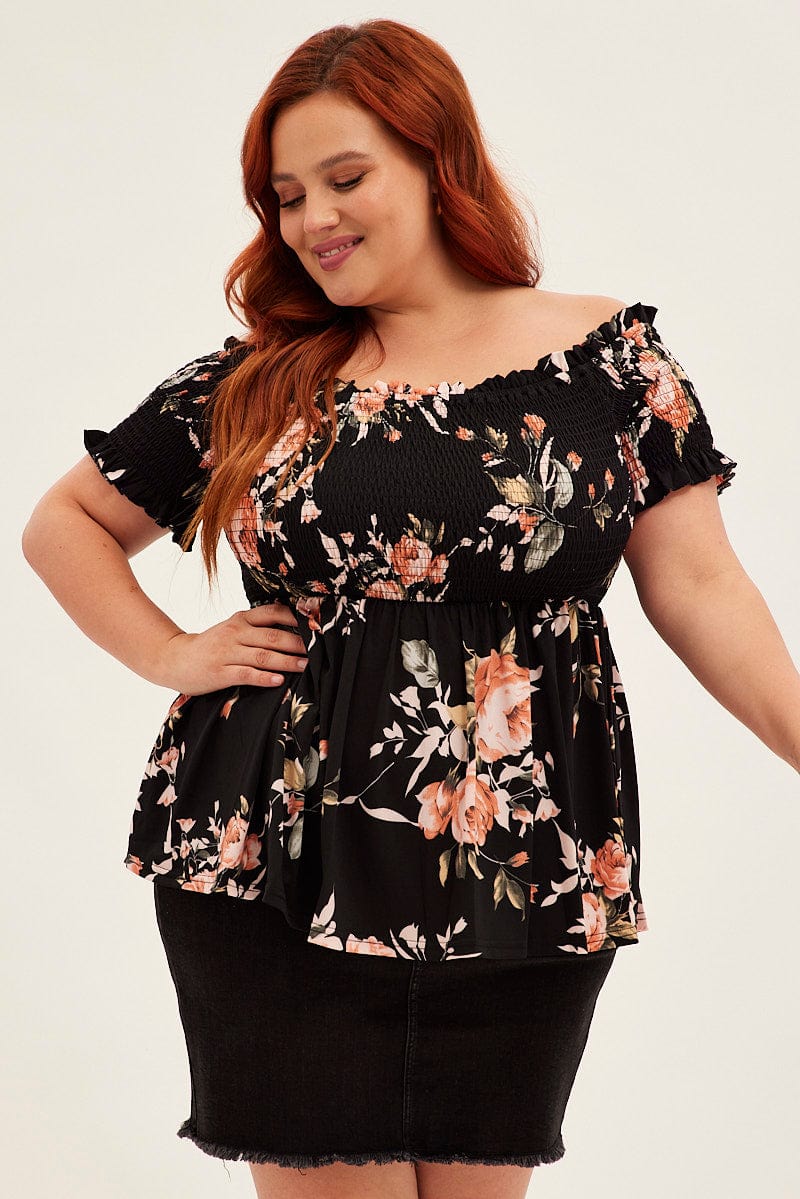 Black Floral Bardot Top Floral Print for YouandAll Fashion