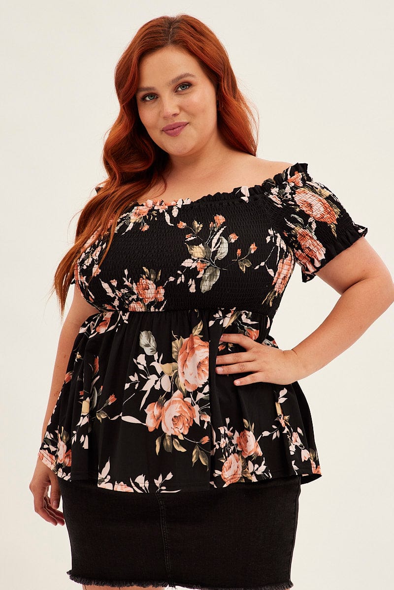 Black Floral Bardot Top Floral Print for YouandAll Fashion