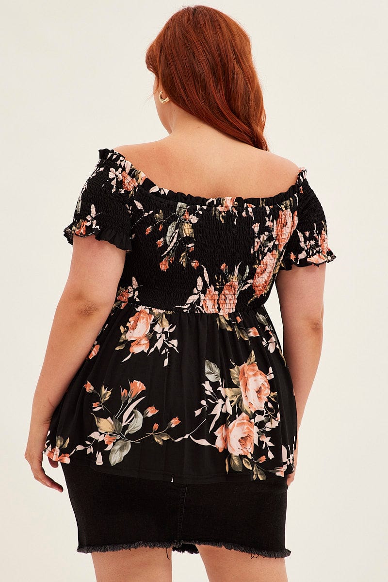 Black Floral Bardot Top Floral Print for YouandAll Fashion