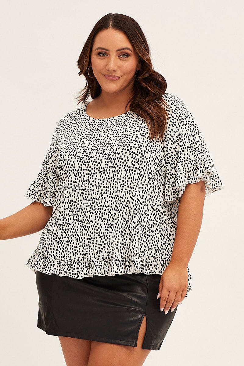 Polka Dot Crew Neck Short Sleeve Ruffle Detail Top for Women by You + All