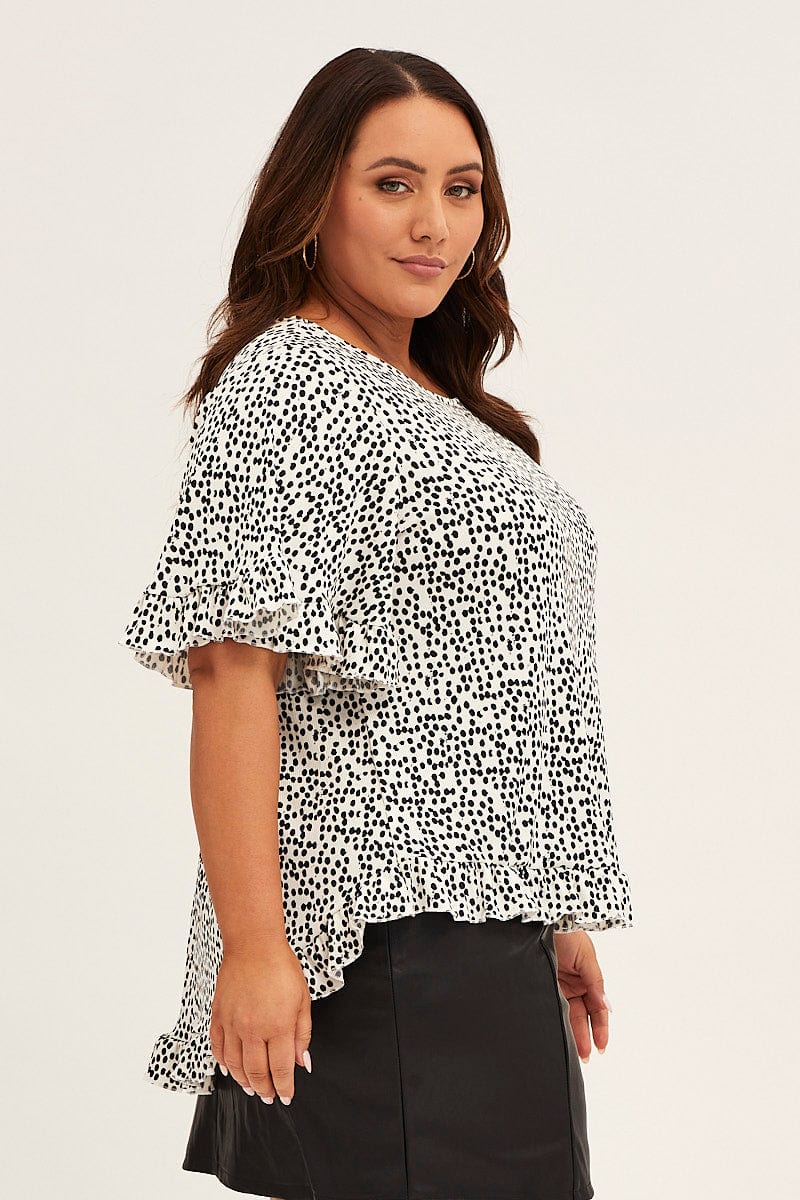 Polka Dot Crew Neck Short Sleeve Ruffle Detail Top for Women by You + All